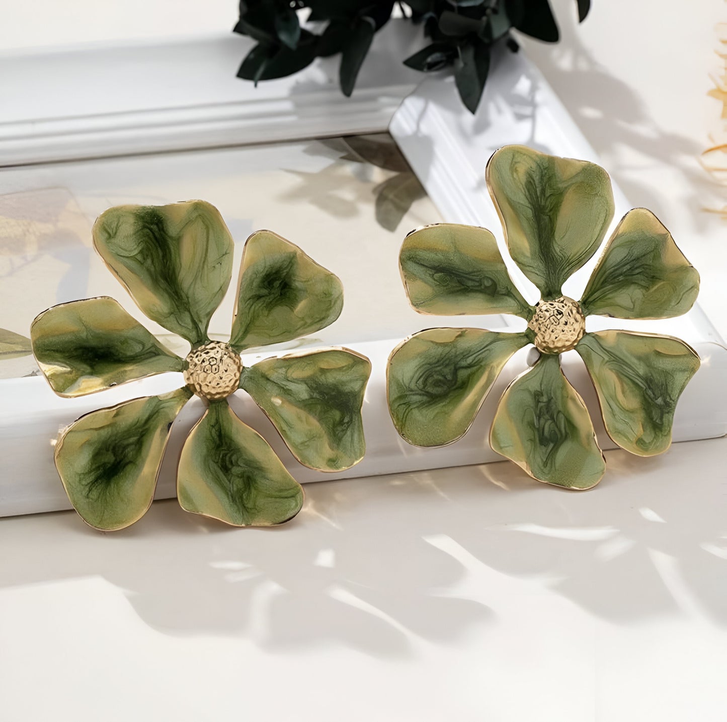 Green Floral Statement Earrings