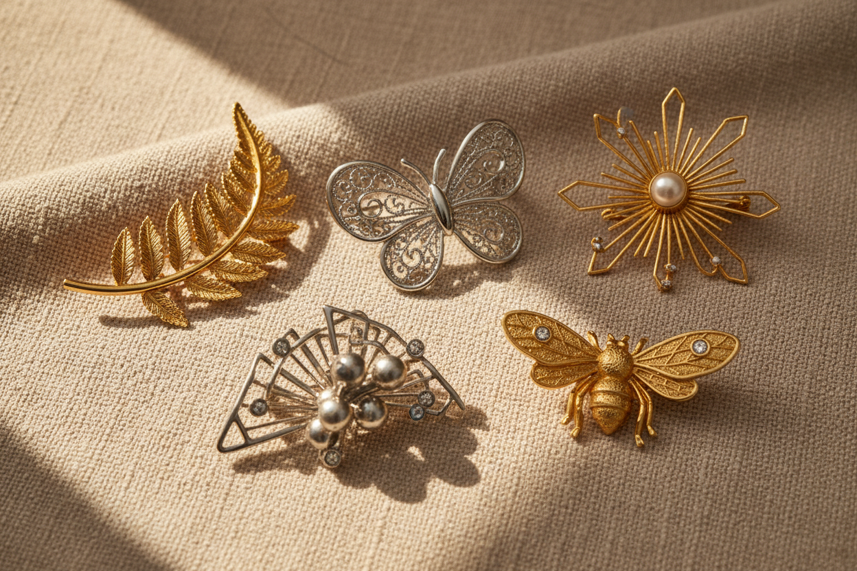 Elegant gold and silver brooches lying on warm beige linen fabric under soft natural light — minimalist luxury aesthetic by HAVA Store