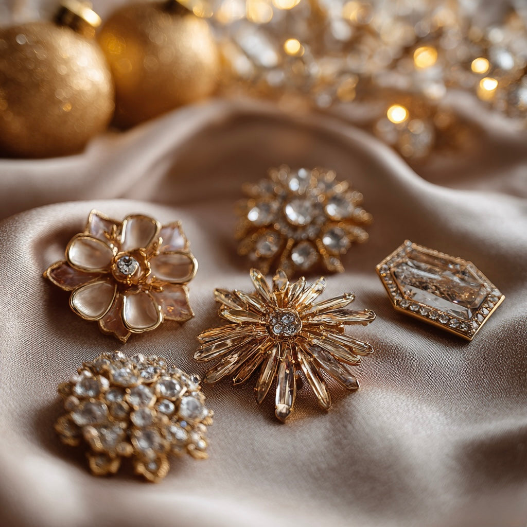 Elegant gold and silver brooches lying on warm beige linen fabric under soft natural light — minimalist luxury aesthetic by HAVA Store