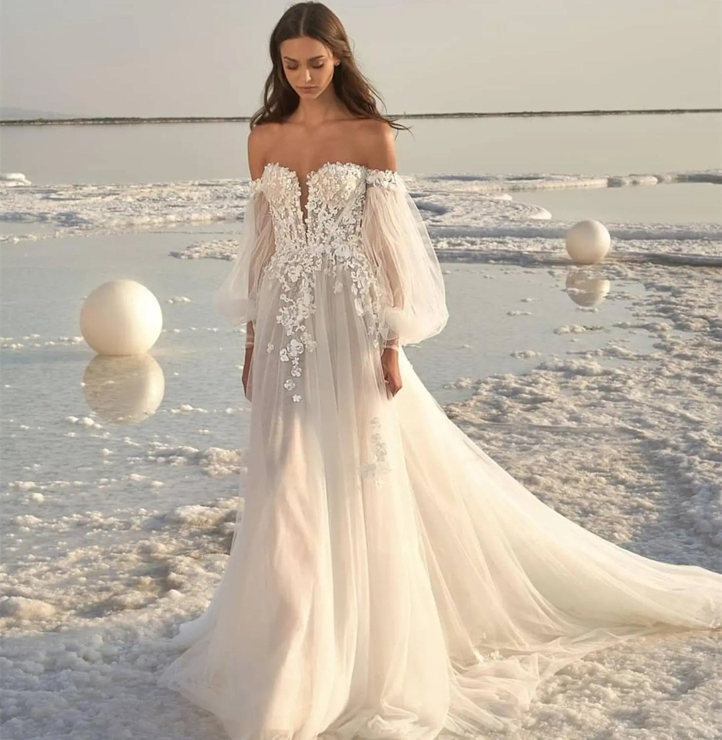 “Aurora” Off-Shoulder Lace Wedding Gown