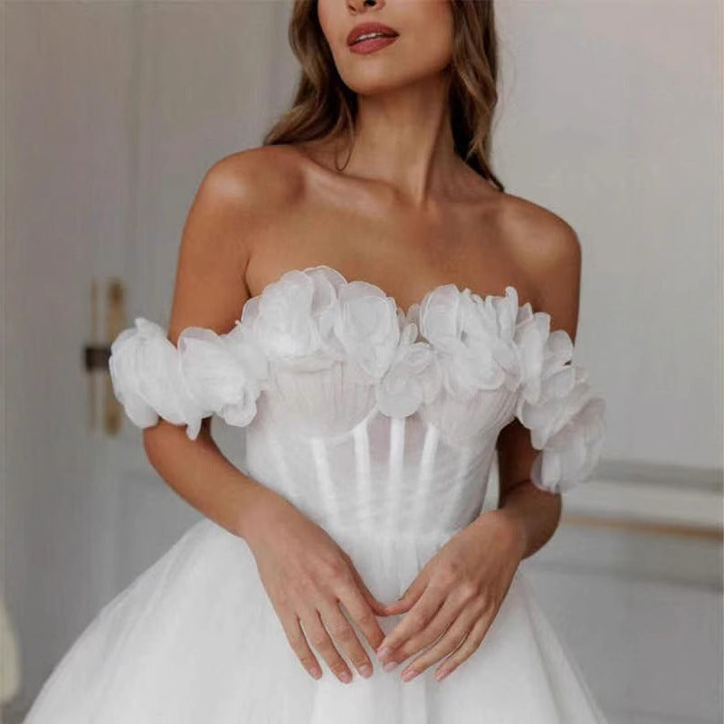 Lace Off-Shoulder Mini Wedding Dress – Elegant Bridal Reception Dress