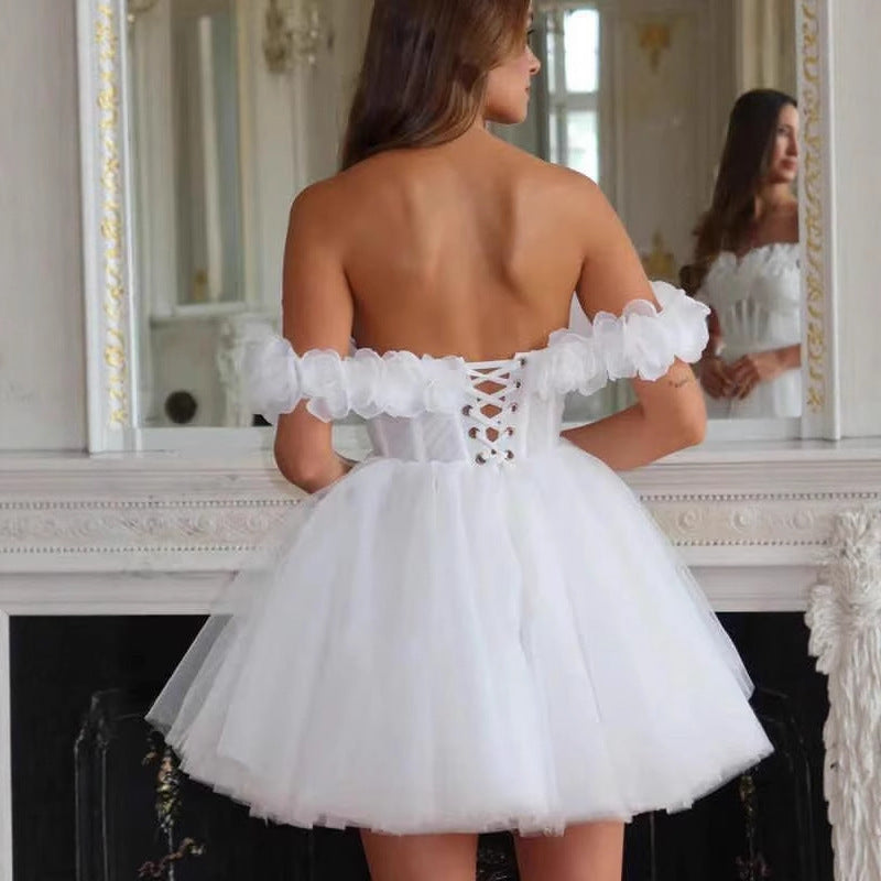 Lace Off-Shoulder Mini Wedding Dress – Elegant Bridal Reception Dress