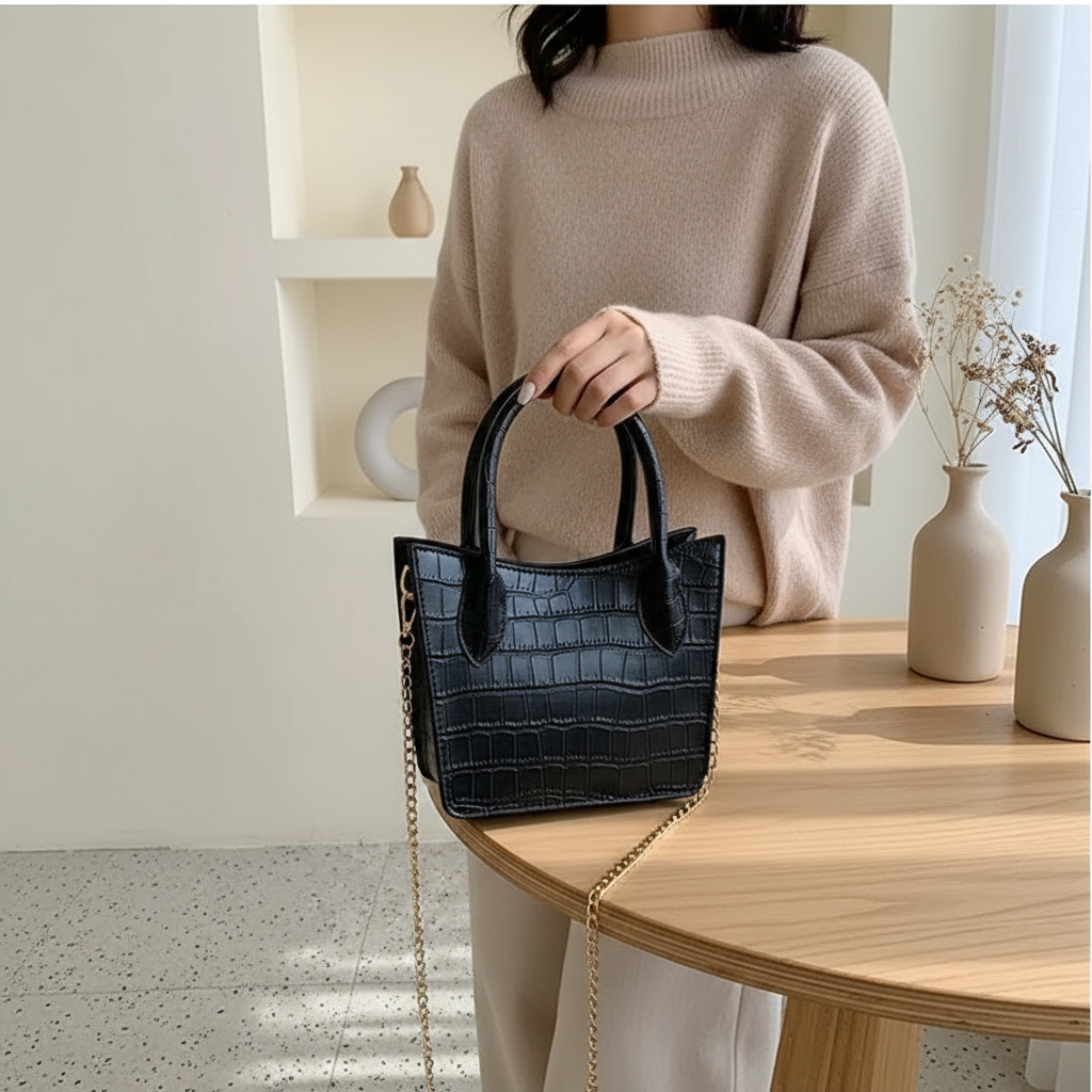 Croc Embossed Shoulder Bag with Gold Chain Strap