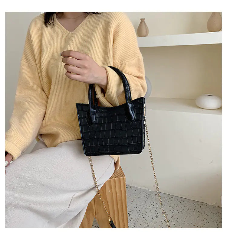 Croc Embossed Shoulder Bag with Gold Chain Strap