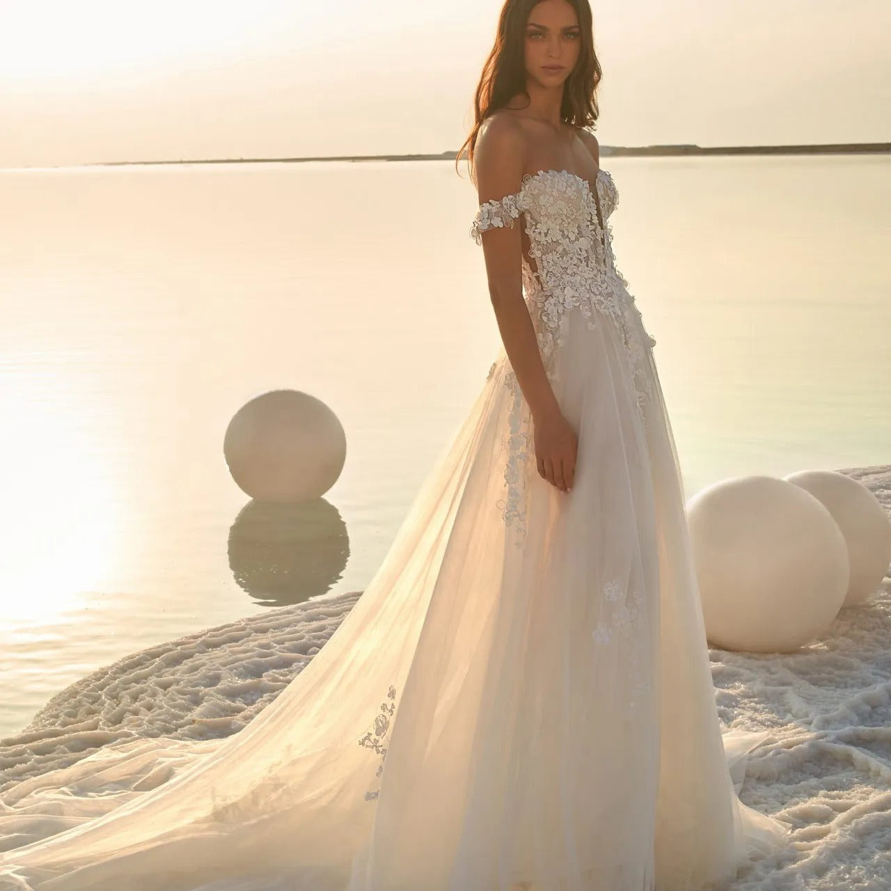 “Aurora” Off-Shoulder Lace Wedding Gown