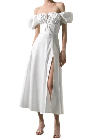 Puff Sleeve Lace-up Slit Dress for Women