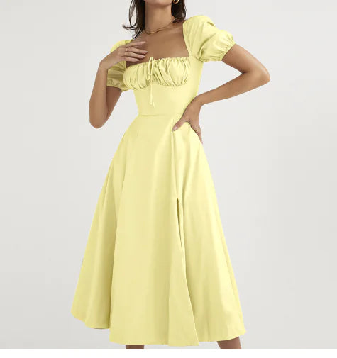 Puff Sleeve Lace-up Slit Dress for Women