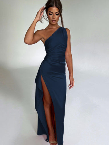 Satin One-Shoulder Slit Dress – Backless Elegance