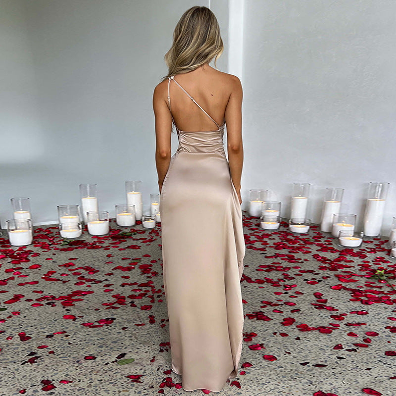 Satin One-Shoulder Slit Dress – Backless Elegance