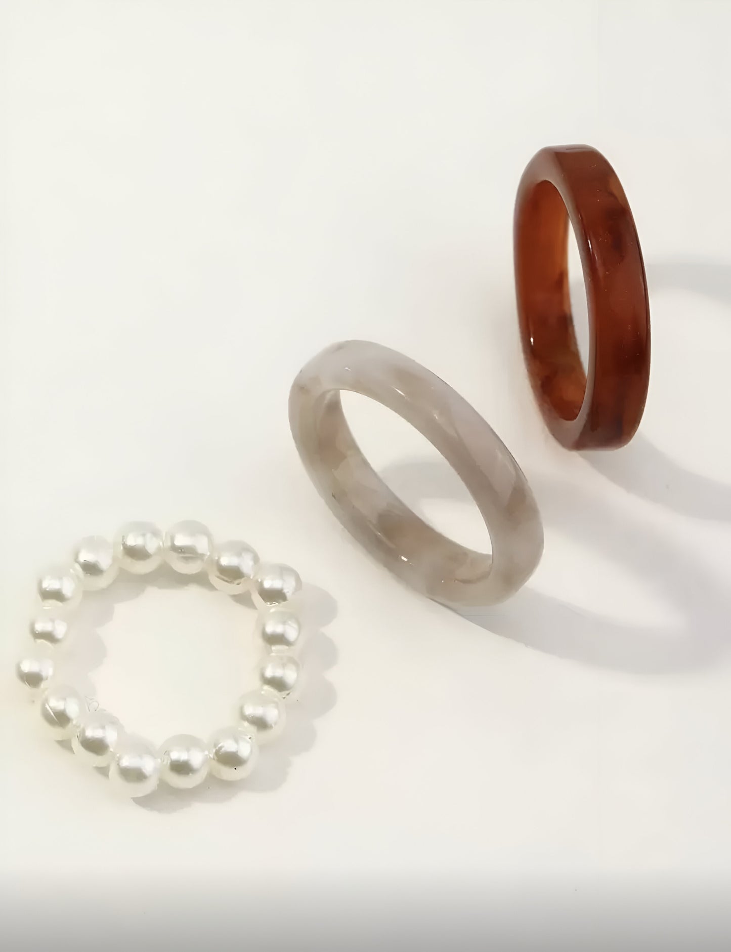 Pearl & Resin Ring Trio Set – Elegant Mixed Textures