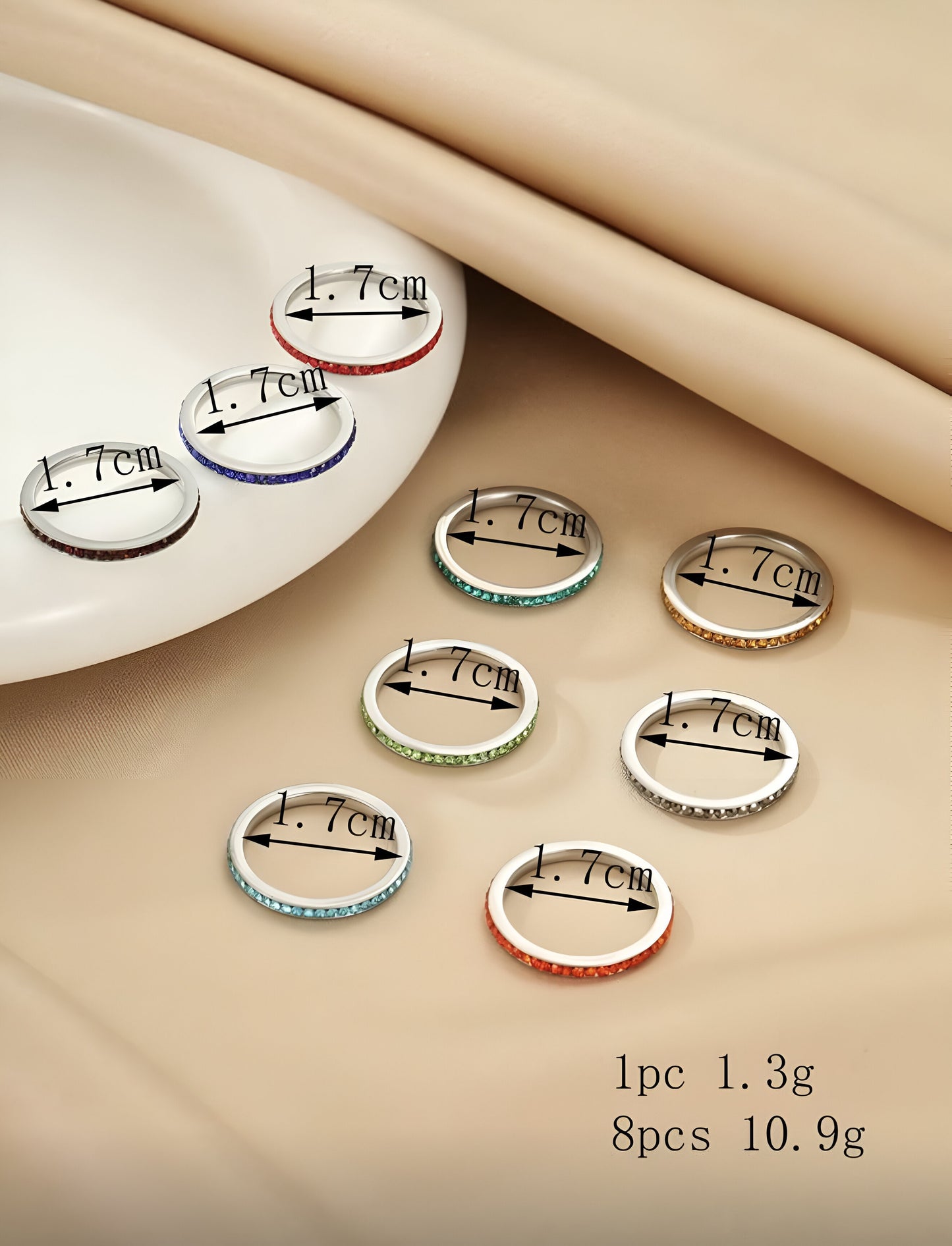 colorful crystal stacking rings in a 9-piece set, minimalist rainbow jewelry, elegant feminine accessory