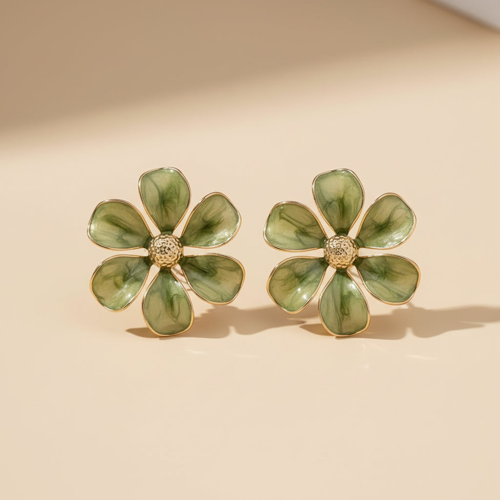 Oversized green flower earrings with glossy enamel finish.