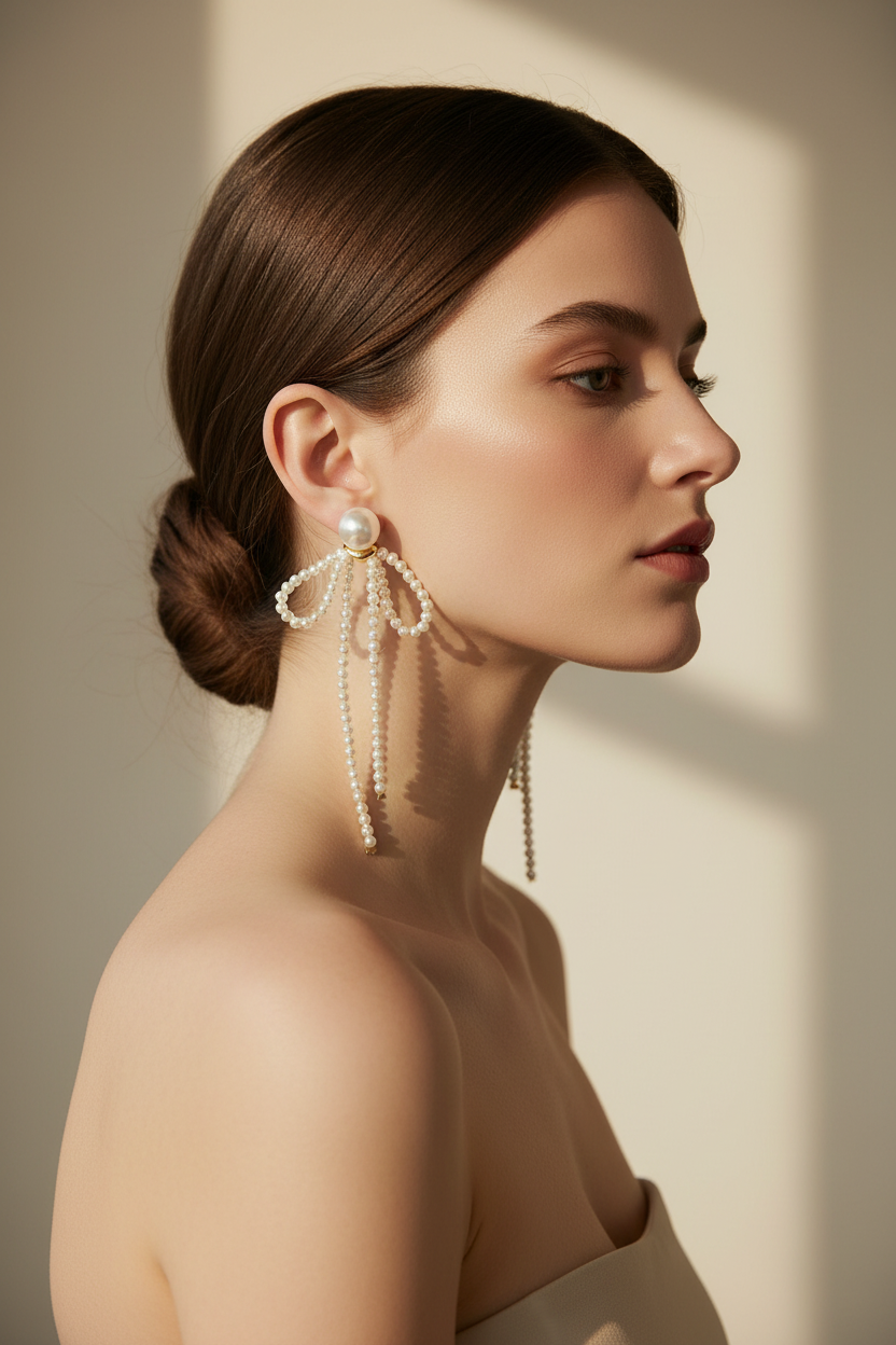 Pearl Bow Earrings — Soft Beige Elegance