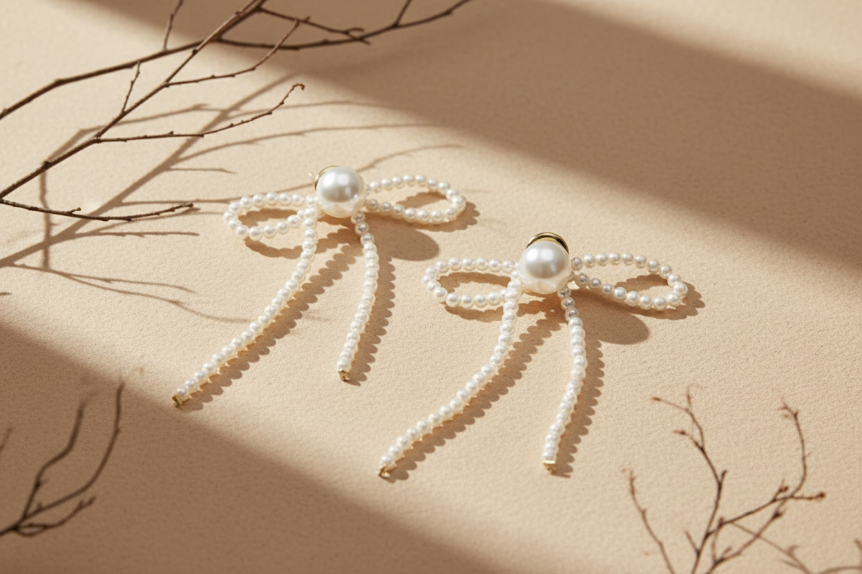 Pearl Bow Earrings — Soft Beige Elegance