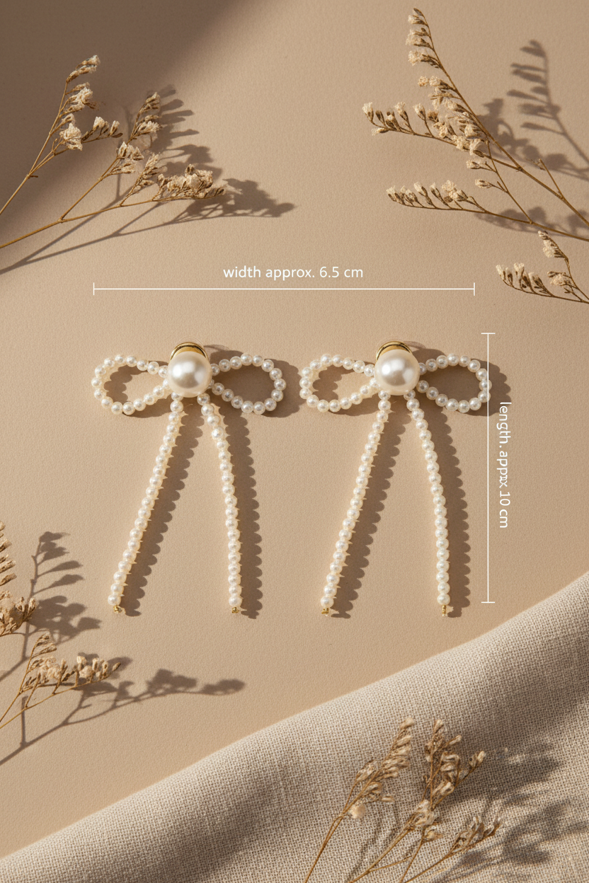 Pearl Bow Earrings — Soft Beige Elegance