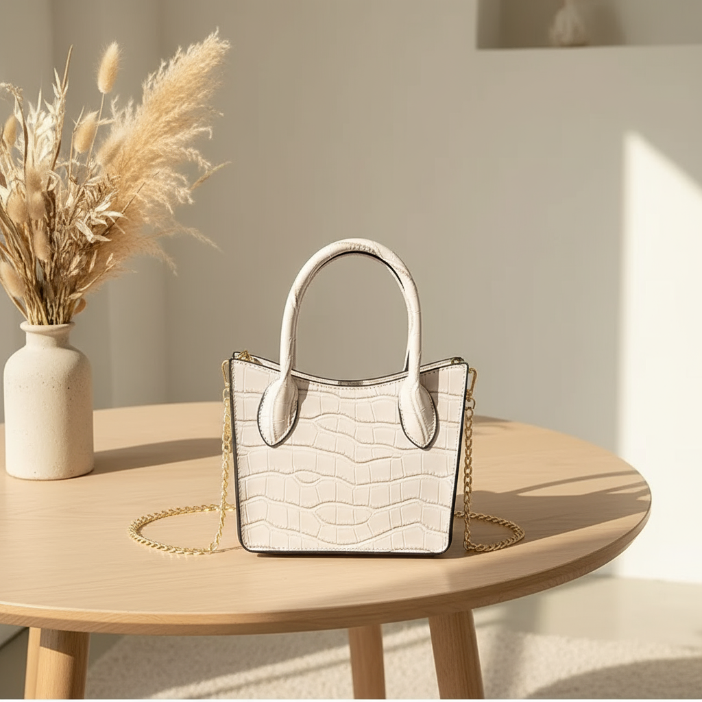 Croc Embossed Shoulder Bag with Gold Chain Strap