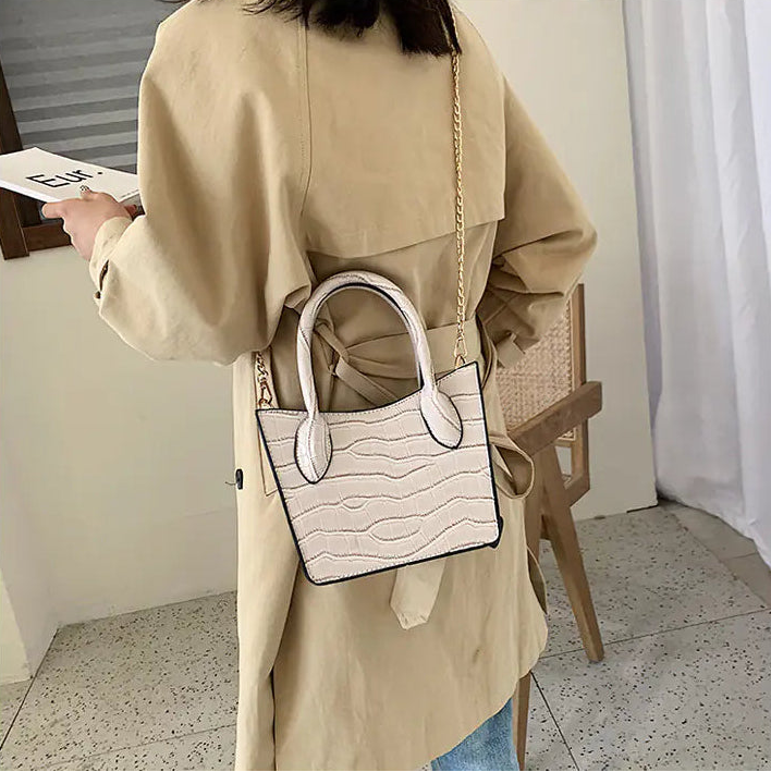 Croc Embossed Shoulder Bag with Gold Chain Strap