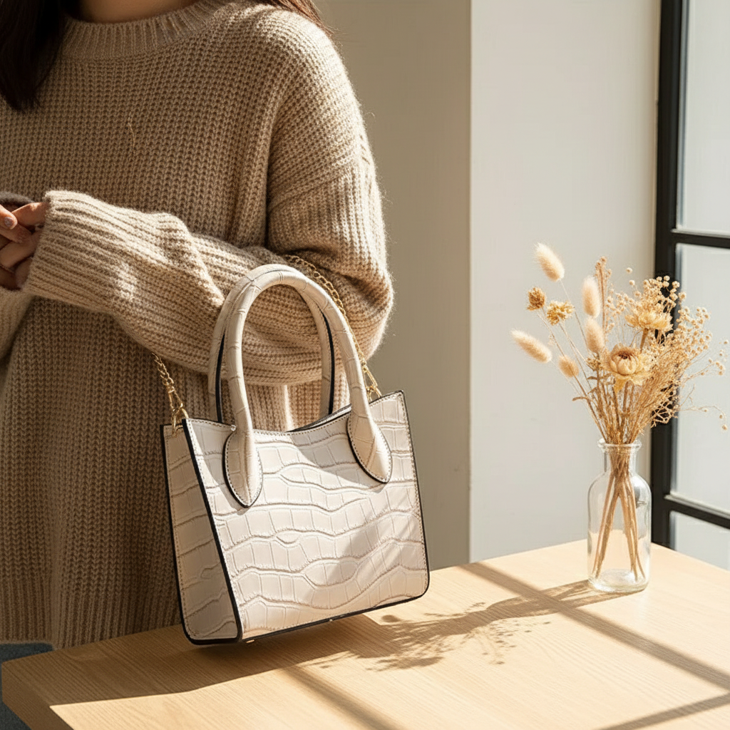 Croc Embossed Shoulder Bag with Gold Chain Strap