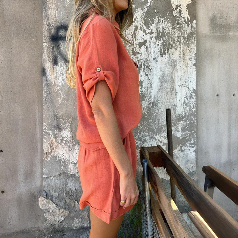 Minimalist Textured 2-Piece Set – Button Shirt & Pocket Shorts