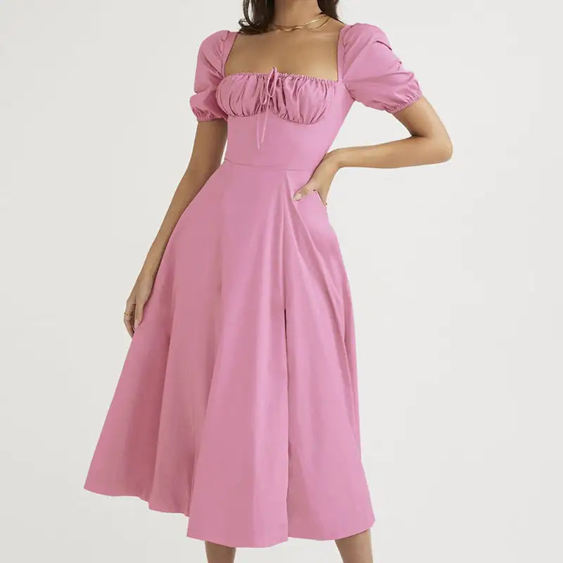 Puff Sleeve Lace-up Slit Dress for Women