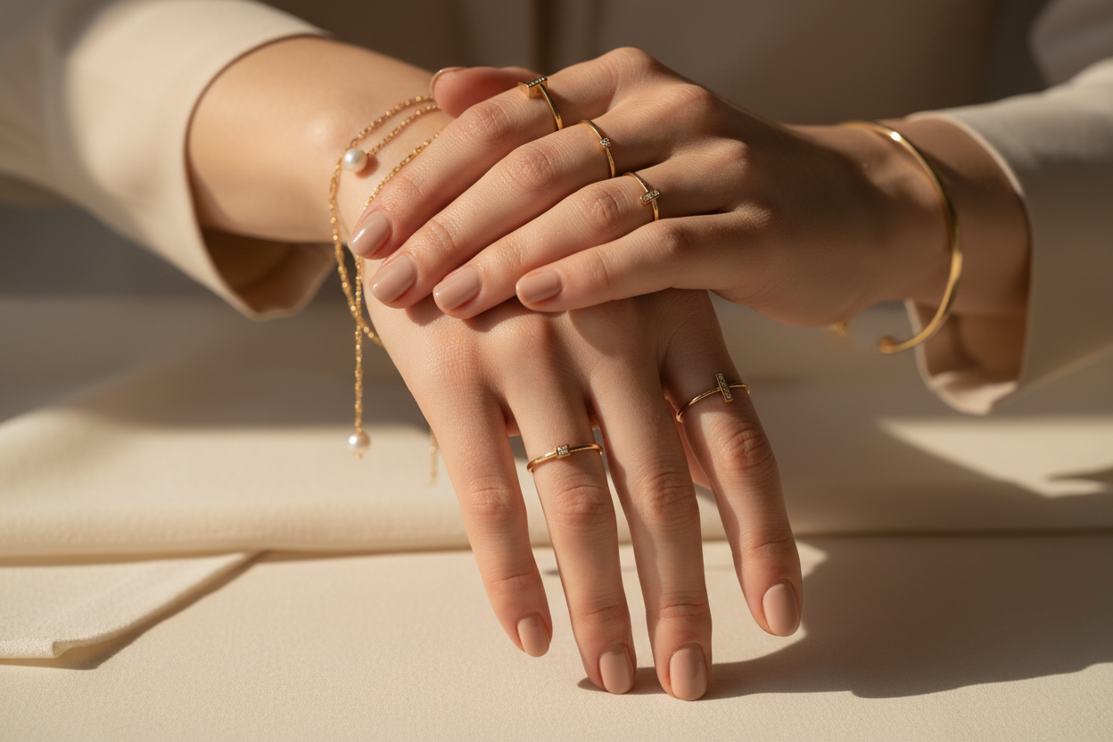 Elegant warm-beige aesthetic hero banner, 2000x1200, close-up of a woman’s hands and wrist wearing minimalist rings and delicate bracelets, soft creamy beige tones, warm natural daylight, gentle shadows, neutral manicure, clean background, luxury editorial jewelry style, HAVA Store aesthetic, high resolution, no text, no logos.