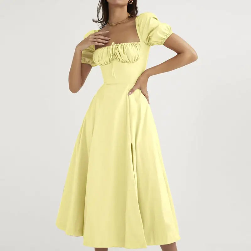 Puff Sleeve Lace-up Slit Dress for Women