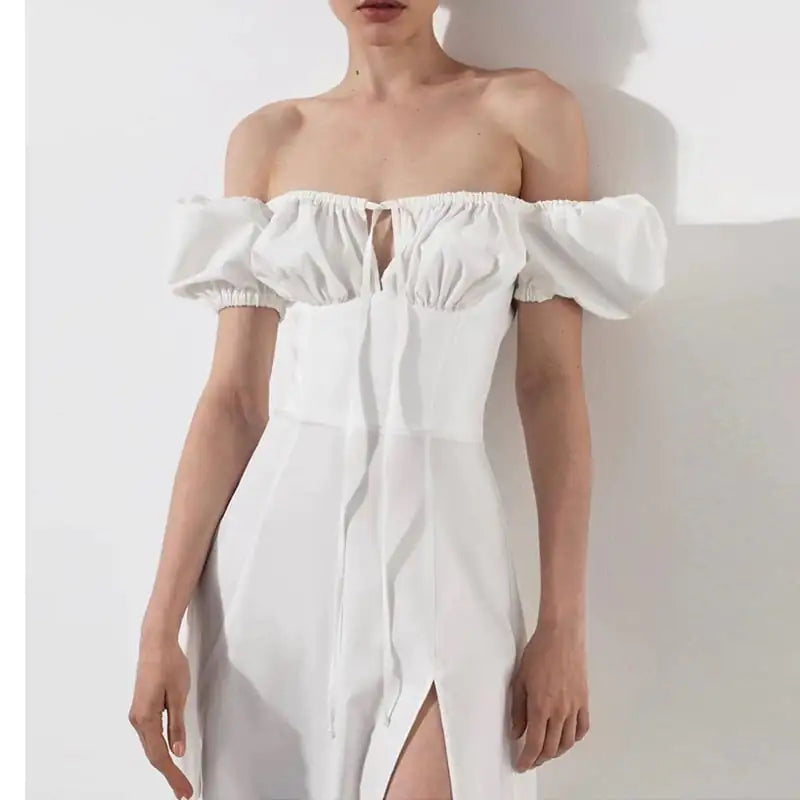 Puff Sleeve Lace-up Slit Dress for Women