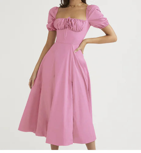 Puff Sleeve Lace-up Slit Dress for Women