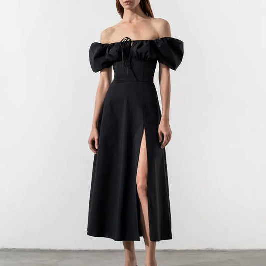 Puff Sleeve Lace-up Slit Dress for Women