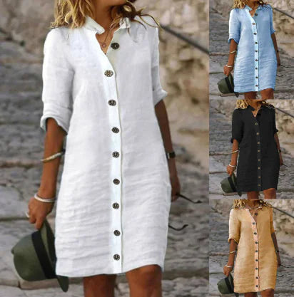 Simple Slim Blouse Dress with Button Details (One Piece)