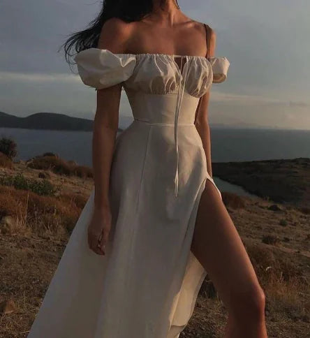 Puff Sleeve Lace-up Slit Dress for Women