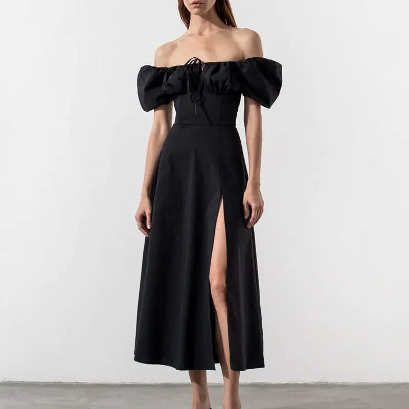 Puff Sleeve Lace-up Slit Dress for Women